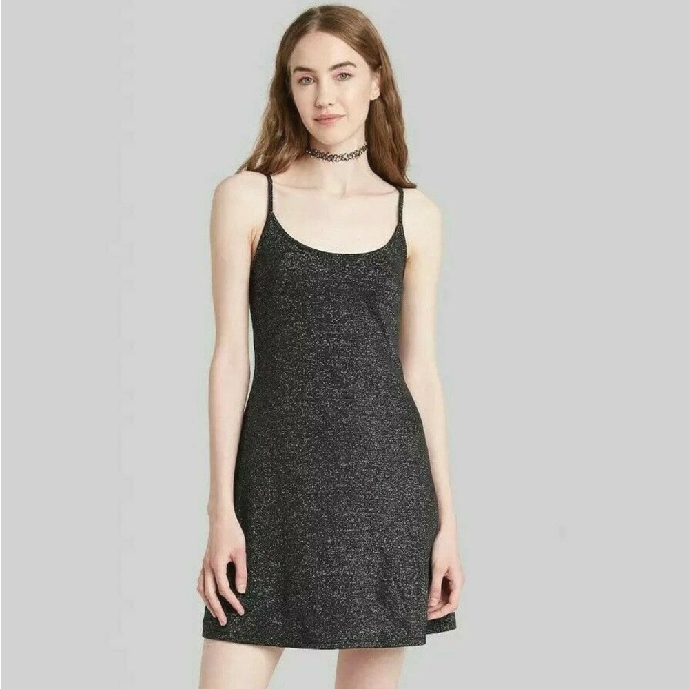 Wild Fable Fit n Flare Sparkle Skater Mini Dress Size Medium Black Spaghetti NWT